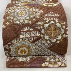 名古屋帯 美品 秀品 夏帯 ふくろう 山並み ベージュ 正絹 【中古