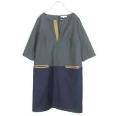 【極美品】自由区★おしゃれなバイカラー♪五分袖ワンピース 大きいサイズ44 グレー系 ウール100の上質素材♪z15717