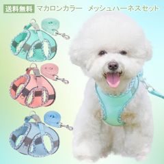 マカロンカラー　メッシュハーネスセット　パステル　やわらか素材　ダブルベルト　散歩　反射ライン　PAE0025