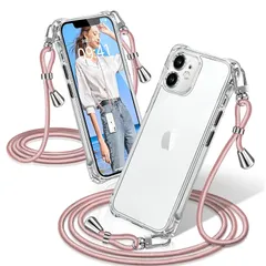 iPhone 12 mini ケース クリア ショルダー 耐衝撃 iPhone12mini スマホケース 透明 織りストラップ付き 肩がけ 首掛け 紐付き アイフォン12mini カバー 縄掛け シングルショルダーロープ 斜めがけ 調節可能なショルダー ク 1