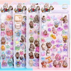 超人気　LABUBU ラブブ 3D 立体クリスタルステッカー 可愛い キャラクター シールセット 手帳デコ スクラップブック 日記帳 ４枚セット