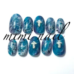 現品限り パープル＆グリーン天然石風ネイルチップ ハンドメイド オーバル小さめサイズ ジェルコート済