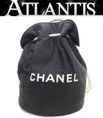 美品 シャネル CHANEL 巾着ショルダーバッグ プールバッグ 黒×白 キャンバス 【70341】