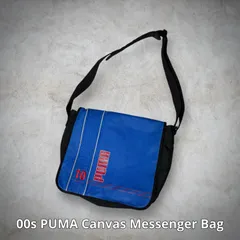 00s PUMA Canvas Messenger Bag プーマ キャンバスメッセンジャーバッグ ショルダーバッグ ブルー レッド ブラック FRA ロゴ刺繍 スクエア型 コーティング フラップ マルチポケット スポーツ ストリート