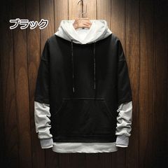 パーカー長袖トップスプルオーバーパーカーメンズ レイヤードパーカーカ重ね着風 フェイクレイヤード フード付きトレーナー長袖トップス男女兼用(ブラック)