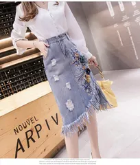 【大きめ★ＸＬ】フリンジ　 花柄 フラワー 刺繍 デニム　スカート　Aライン　体型カバー　ゆったり　大きめカート