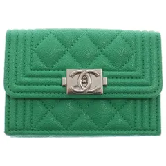CHANEL (シャネル) ボーイシャネル 三つ折り財布 グリーン キャビアスキン レザー シルバー金具 A84432