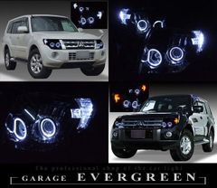 パジェロ 前期/後期 インナーブラック塗装＆LEDイカリング＆白LED増設 純正加工 ドレスアップ ヘッドライト V93W V97W V98W V83W V87W V88W