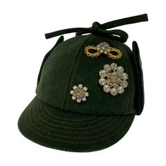 MIU MIU Green Embellished Bow Top Felted Wool Cap