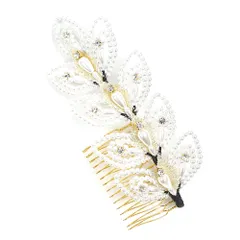髪飾り コーム型 ラインストーン パール ゴールド 白 キラキラ リーフ 葉 小さい かんざし かわいい 粋 日本製 おしゃれ 上品 No.9-3424