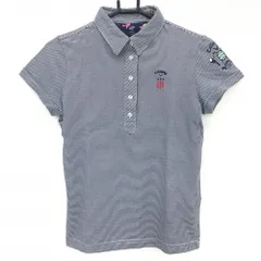 【超美品】キャロウェイ 半袖ポロシャツ ネイビー×白 細ボーダー ロゴ刺しゅう  レディース M ゴルフウェア Callaway