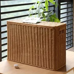 ラタン製織り収納バスケット 蓋つき クラシックベージュ 雑誌 新聞 本 収納 キッチン ベッドルーム オフィス ソファーコーナー 棚用バスケット インテリア収納 インテリア 収納かご 収納ボックス 多用途 多目的 大活用 便利 プラスチック