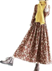 newNE ニューネ 総柄 マキシ丈 ワンピース ロング フレア ウエストゴム ゆったり 花柄 柄ロングワンピ ロングチュニック レトロ ナチュラル(ブラウン,  M)