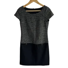 アンタイトル ワンピース サイズ2 M レディース美品  - 黒×グレー×アイボリー クルーネック/半袖/ひざ丈/ツイード/異素材切替/ボーダー