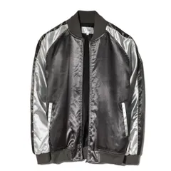 スカジャン メンズ 無地 サテンジャンパー スーベニア ジャケット スカジャン 横須賀 サテンジャケット 銀 黒 ブラック 刺繍無し シンプル ノームコア ラグラン ブルゾン 春 秋 冬 スーベニアジャケット メンズ ライトアウター GRAY×SILVER