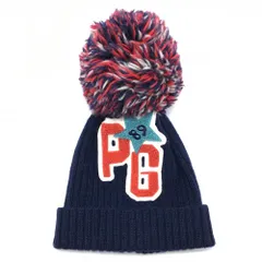 【超美品】パーリーゲイツ ニット帽 ネイビー×レッドオレンジ ウール100％ 星 ボンボン付 レディース FR ゴルフウェア PEARLY GATES