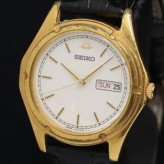 稼働【SEIKO】1981年製 電池交換済 デイト ゴールド文字盤白QZ 腕時計 
