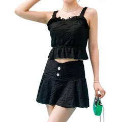 [G-tiamo] ［ジーティアモ］ 水着 レディース 2点セット タンキニ スカート 体型カバー フリル セパレート 白 黒 かわいい おしゃれ (JP, アルファベット, XL, ブラック) [ブラック] [XL]