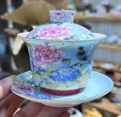 珐琅彩の牡丹と鳥★蓋碗★茶器