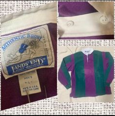 90s USA製ランズエンド ラガーシャツ 太ボーダー イーグル刺繍 赤白紺L