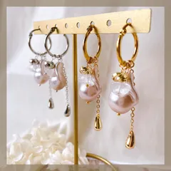 フォーマル、結婚式 上品【304ステンレスフープ】 ハンドメイドピアス フープ 大粒ピンクベージュパール クリア天然石 メタルチェーン ゴールド シルバー ブライダル アレルギー対応 【イヤリング変更可能】