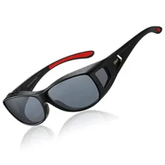 M-size-Black Red Temple [DUCO] メガネの上から掛けられる オーバーサングラス めがね さんぐらす 偏光レンズ UV400 紫外線カット 花粉サングラス メンズ レディース兼用 8953