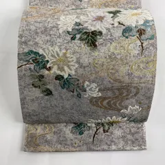 袋帯 秀品 枝花 流水 金糸 箔 灰色 六通 正絹 【中古】