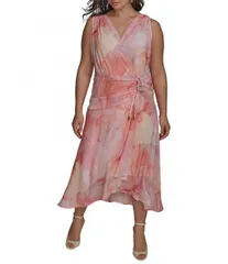 【送料無料】 ダナキャラン レディース ワンピース トップス Plus Size V-Neck Floral Print Sleeveless Chiffon Wrap Dress Spring Melon