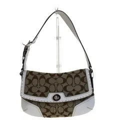 【中古】 美品 コーチ COACH シグネチャー ショルダーバッグ ターンロック ブラウン ホワイト キャンバス レザー 11574 01H1173