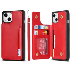 【在庫処分】ストラップ 全面保護 滑り防止 耐衝撃 スマホケース 13 13 iPhone iPhone 携帯カバー 多機能 ボタン磁気 スタンド機能 軽量 カード収納 IC PUレザー 手帳型 [5色選択]レッド 背面 6.1インチ ケース縄掛け アイフォン