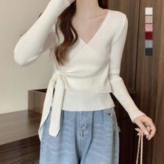 カシュクール リブニットトップス 大人 秋服 リボン結び ニット ニットソー