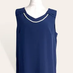 ♥️美品 アルテマーヴェル ネイビー パールネックレスモチーフ付き Aライン レイヤード ふんわりシルエット パーティドレス セレモニー ワンピース L レディース お呼ばれ 結婚式 卒園式 入学式 上品 4792