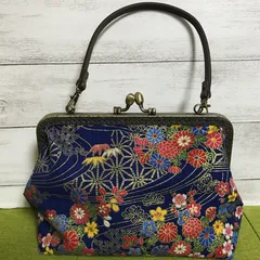 ブルー系花柄がま口バッグ　ハンドメイド