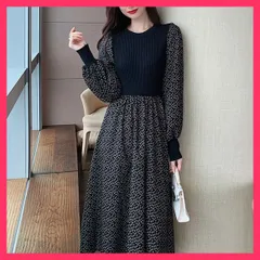 ★スタッフおすすめ★ニットドッキングワンピース 韓国ファッション  ニット地にブ