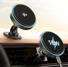★GuMosh Qi2 マグセーフ充電器 車 15W 【エアベントクリップ+ダッシュボード用粘着テープ】 magsafe 車載 スマホホルダー 車載ワイヤレス充電 マグネット 急速充電&超強磁力 360°回転な台座 高級合金素材 アコン 吹き出し口 取付簡単