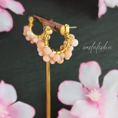 天然石　ピンクオパール　AA　オパール　くすみピンク　ピンク　桜　cherryblossoms　花見　お花見　10月誕生石　誕生石　ピアス　チタン　フープピアス　アレルギー対応　(フープイヤリング変更可)　14kgf