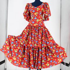【美品 フラメンコ衣装】レッド×花柄 MOLINA SEVILLA モリーナ ワンピース ドレス 赤 ボランテ フリル 豪華 段々 青 黄色 オレンジ 半袖 深い赤 ファルダ スカート 胸パッド 発表会 レトロ ボリューム ブルー オレンジ 緑