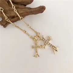 ダブル クロスチェーン ネックレス　ユニセックス　十字架　ストーン　韓国