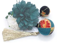 髪飾り 成人式 振袖 浴衣 卒業式 袴 結婚式 3点セット 青 黒 白 花 和 洋 かんざし 手作り 簪 つまみ細工 ちりめんフォーマル 花飾り 玉飾り ブライダル W28 303-263 青 o843　Si