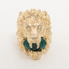 【鑑定済み】 GUCCI グッチ ミケーレ期 ライオンヘッド GP × ストーン リング S （実寸13号） ゴールド × エメラルドグリーン イタリア製