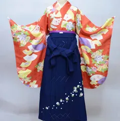 二尺袖 着物 袴 フルセット 長襦袢も含む（半衿付 着物専用）扇 菊 牡丹 朱 袴変更可能 卒業式に NO36081