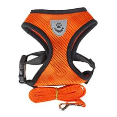 RIOSTUDIO 通気性メッシュハーネスリードセット 犬用 猫用 脱げない 簡単装着 ワンタッチ サイズ調整可能 光反射機能 お揃いのリード付 犬お散歩 わんことお出掛け[⑤オレンジ]