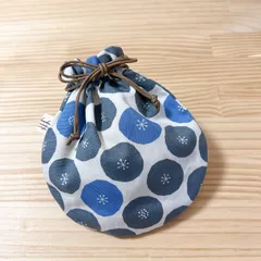 ハンドメイド　巾着　まる巾着　生成り　グレーミニあんぱん柄