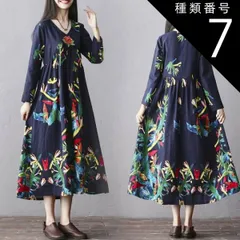 種類7：レッド/3XL 花柄 切り替え デザイン ロング ワンピース フレアワンピース 膝下 ロング丈 袖あり 長袖 Vネック フレア Aライン 切り替えデザイン タック かわいい 大人可愛い きれいめ カジュアル 大人 上品 おしゃれ エスニック エキゾチッ