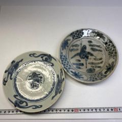 中国美術 清朝 新渡染付 蝙蝠 樹下の賢人図茶道具時代物2枚セット