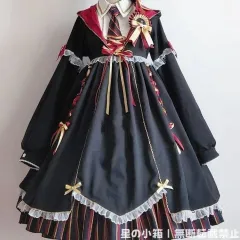 新品 未使用 魔法少女風 黒色 ロリータ小魔女OPワンピース 衣装セット (帽子、ネクタイ、バッジ付き) ダーク系 ゴスロリ メイドスタイル