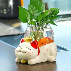 猫 ネコ 置物 オブジェ 水槽 テラリウム 花瓶 入れ物 小物入れ 招財 縁起物 瞑想 禅 幸運 開運 浄化 幸運 開運 金運 招財 厄除け 御守 招福 癒し 可愛い インテリア 寝室 玄関 プレゼント