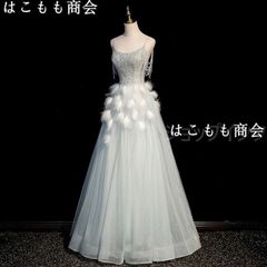 【美品・未使用新品】パーティードレス 結婚式 シフォン レース 袖なし キャミソールドレス ホワイト 二次会 ウェディングドレス 編み上げ 羽根デコレーション きらきら 上品 フリル Aライン フレア ロングドレス
