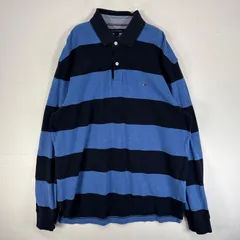 古着 トミーヒルフィガー TOMMY HILFIGER 長袖 ポロシャツ ロゴ 刺繍 2ボタン L  ブルー系 ボーダー メンズ