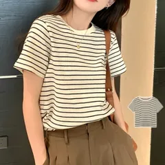 シンプルボーダーTシャツ レディース 10代 20代 30代 韓国ファッション 夏 カジュアル 可愛い おしゃれ バイカラー ラウンドネックのサムネイル